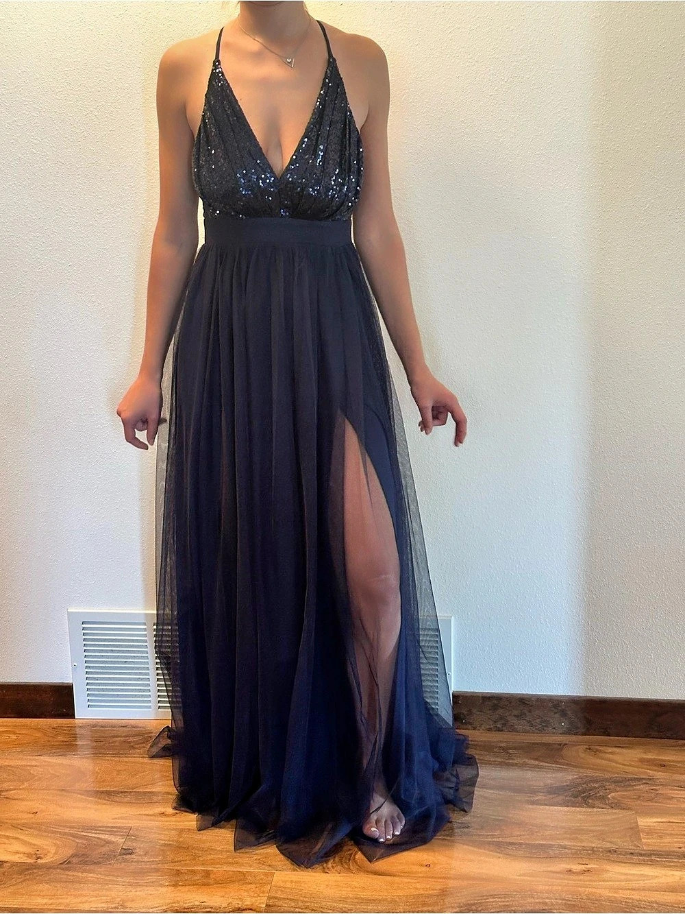 Luxxel Navy Blue Sequin Tulle Maxi Dress with Slit Size Small
